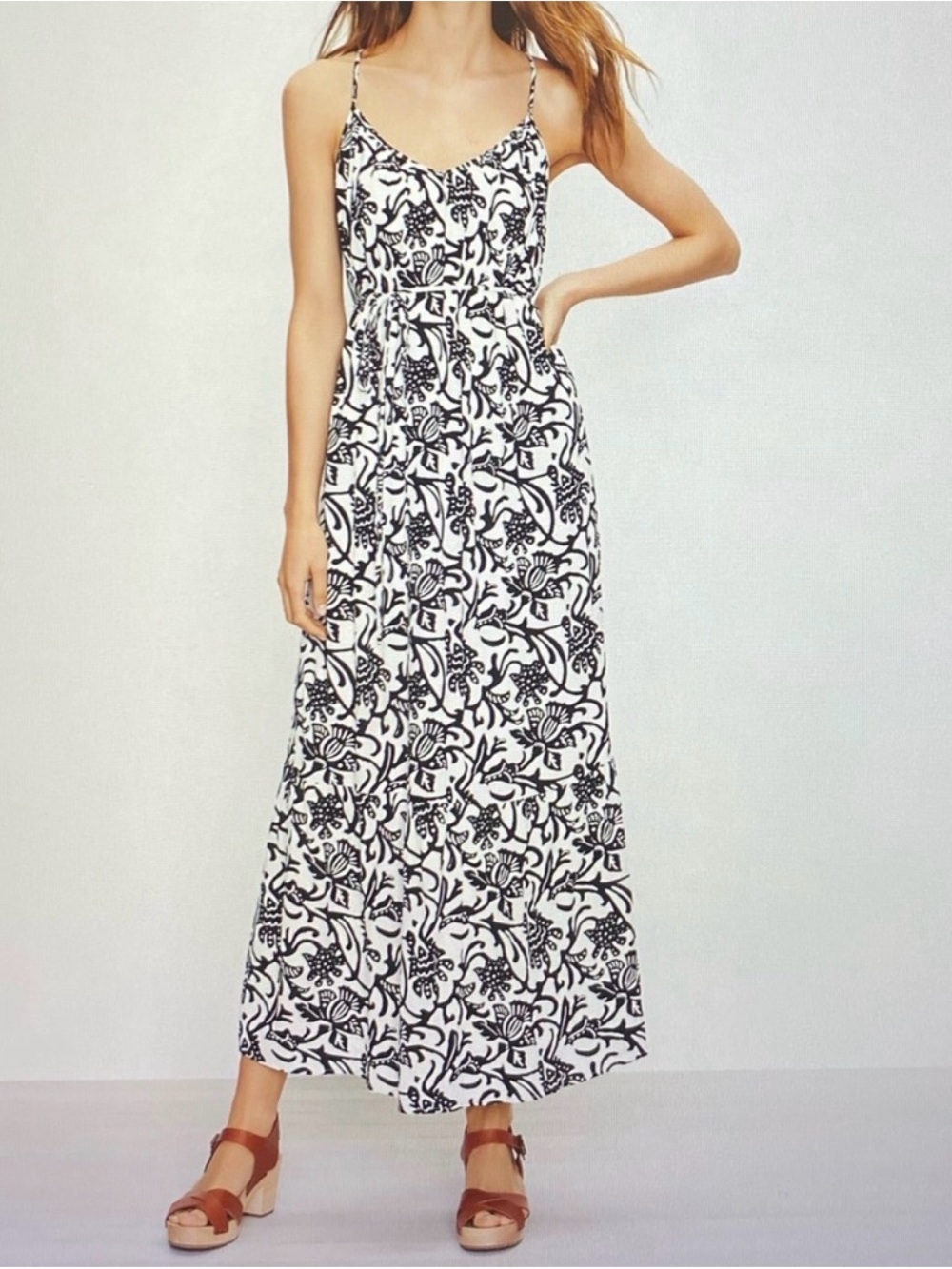 LOFT Black and White Floral Tie-Waist Maxi Dress